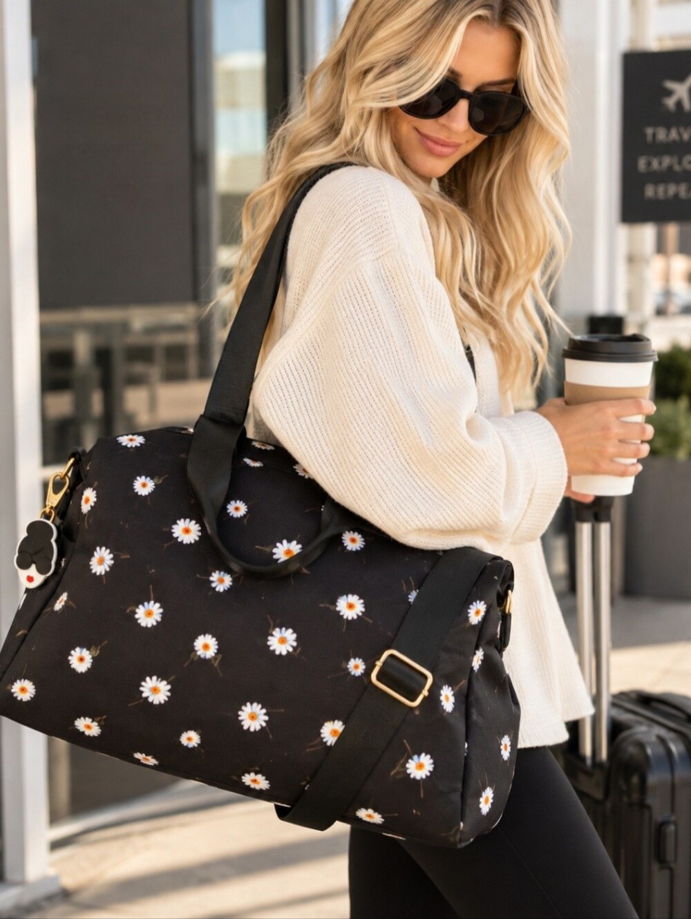 Alice + Olivia Stacey Bendet Black Daisy Floral Weekender Duffel Travel Bag